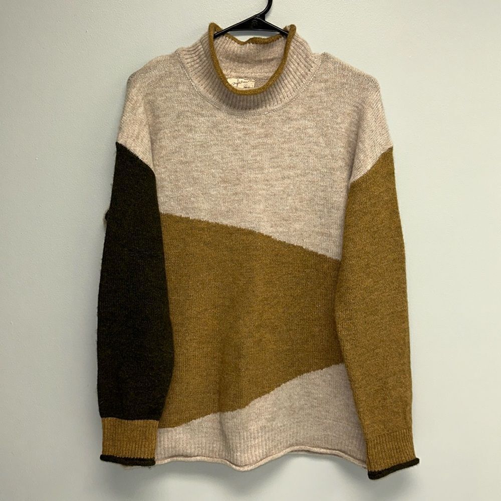 mystree L Mock Neck Ivory Heather Tan Dark Green Colorblock Knit Sweater